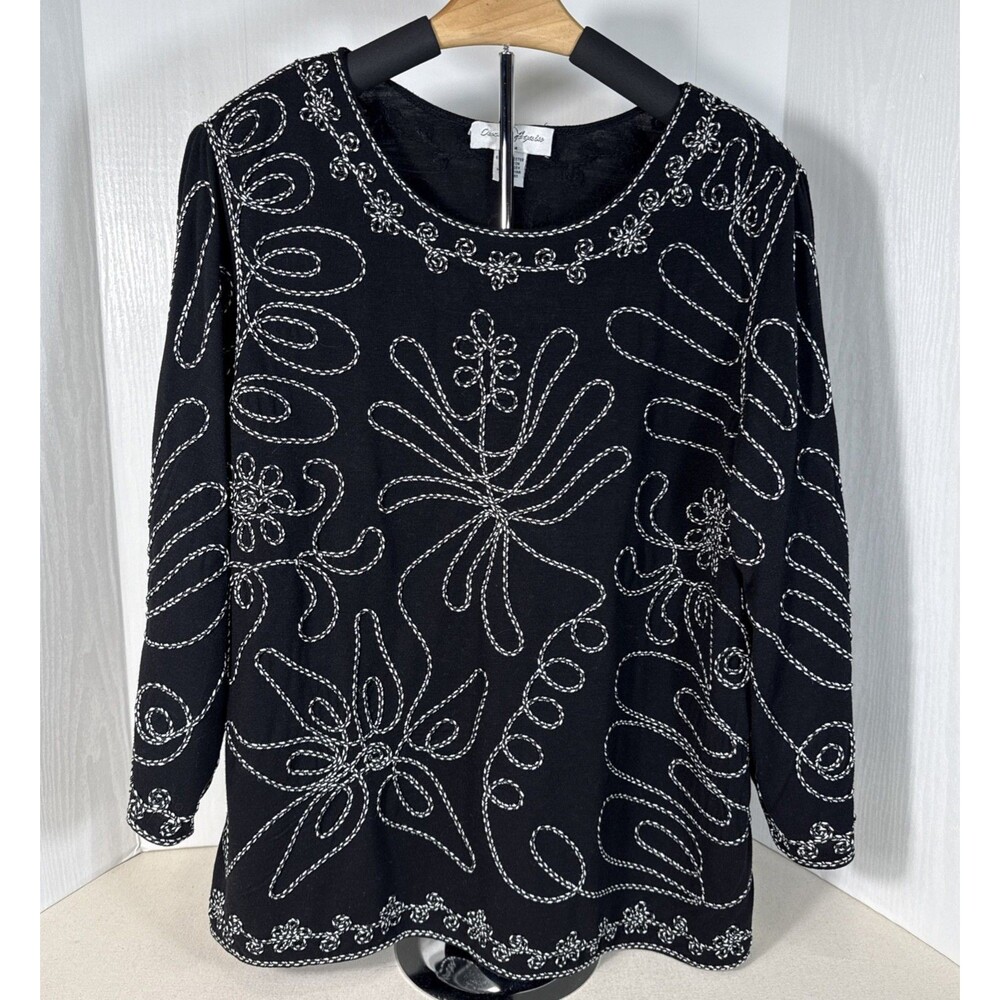 Once Again Womens Blouse Black 3/4 Sleeve Stretch Embroidered Plus 1X